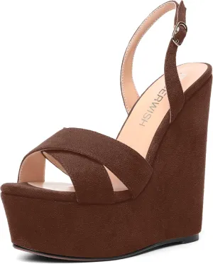 ROSERWISH Womens Round Toe Dressy Suede Buckle Platform Sexy Party Slingback Wedge High Heel Heeled Sandals 6 Inch