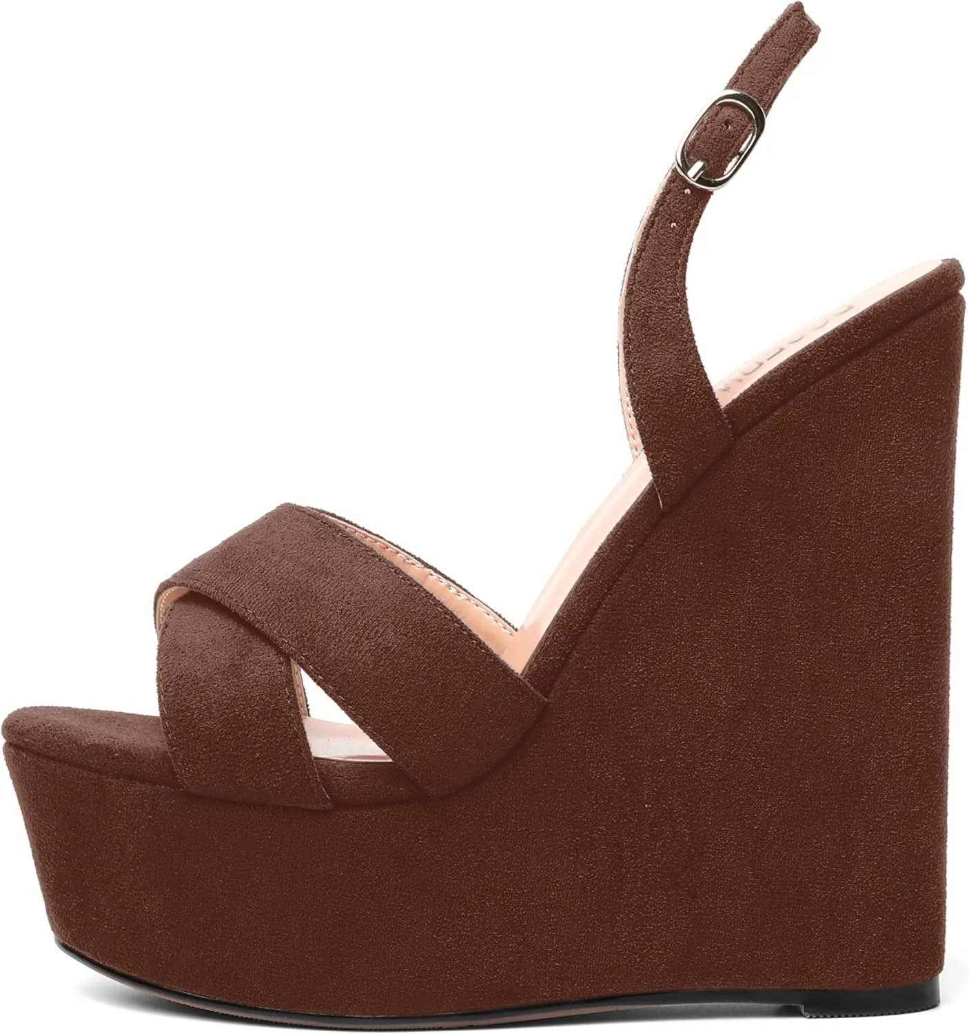 ROSERWISH Womens Round Toe Dressy Suede Buckle Platform Sexy Party Slingback Wedge High Heel Heeled Sandals 6 Inch