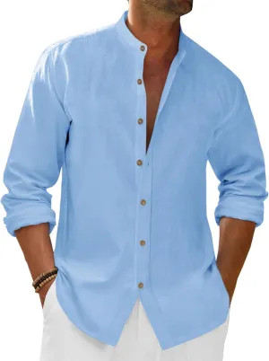 Runcati Mens Casual Linen Shirts 3/4 Sleeve Button Down Banded Collar Summer Beach Shirt