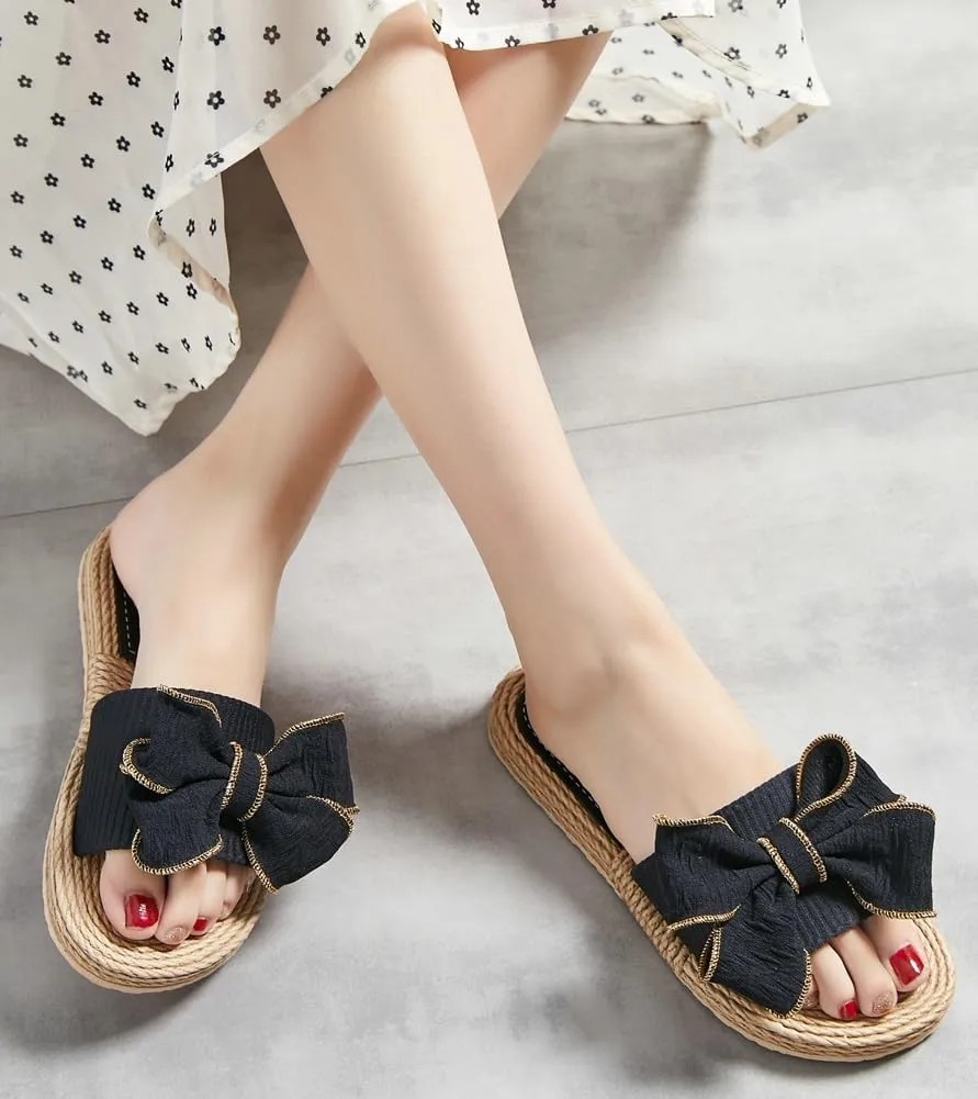 Rungion Women's Trendy Bow Flat Sandals Straw Open Toe Dressy Summer Beach Slide Sandals Outdoor Travel Slipper Shose