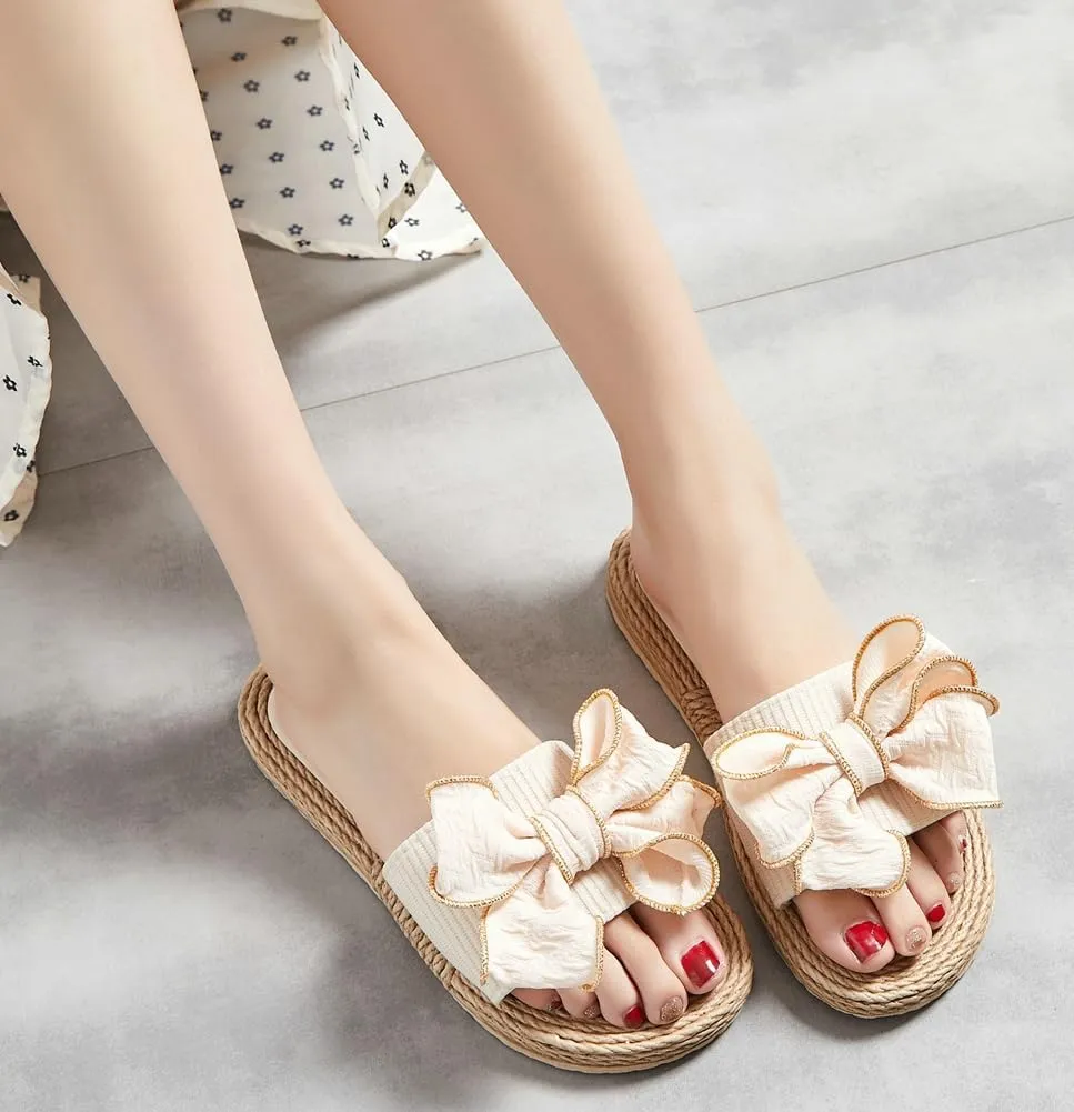 Rungion Women's Trendy Bow Flat Sandals Straw Open Toe Dressy Summer Beach Slide Sandals Outdoor Travel Slipper Shose