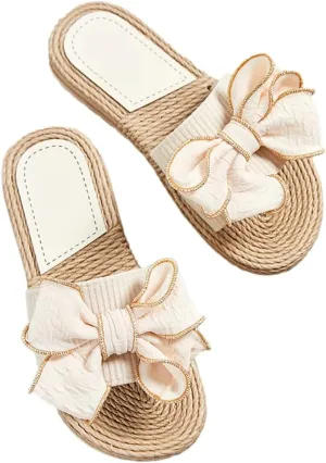 Rungion Women's Trendy Bow Flat Sandals Straw Open Toe Dressy Summer Beach Slide Sandals Outdoor Travel Slipper Shose