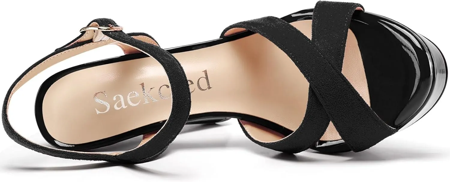 Saekcted Womens Chunky Block High Heel Open Toe Platform Ankle Strap Sandals Cross-Strap Patchwork Dress Shoes Casual Summer 5.1 Inches Heels