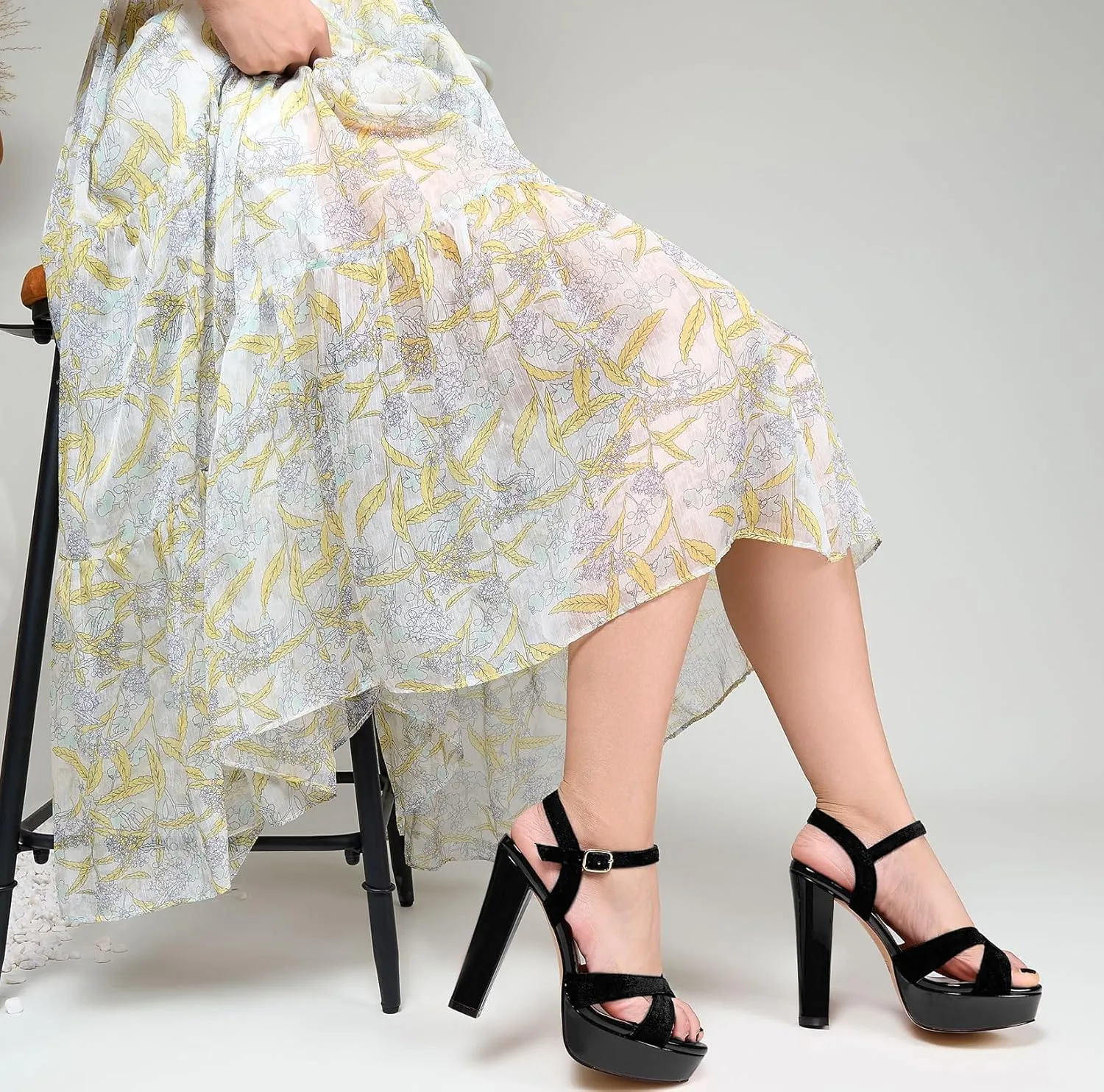 Saekcted Womens Chunky Block High Heel Open Toe Platform Ankle Strap Sandals Cross-Strap Patchwork Dress Shoes Casual Summer 5.1 Inches Heels