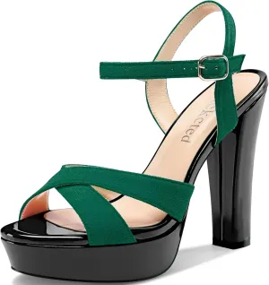 Saekcted Womens Chunky Block High Heel Open Toe Platform Ankle Strap Sandals Cross-Strap Patchwork Dress Shoes Casual Summer 5.1 Inches Heels