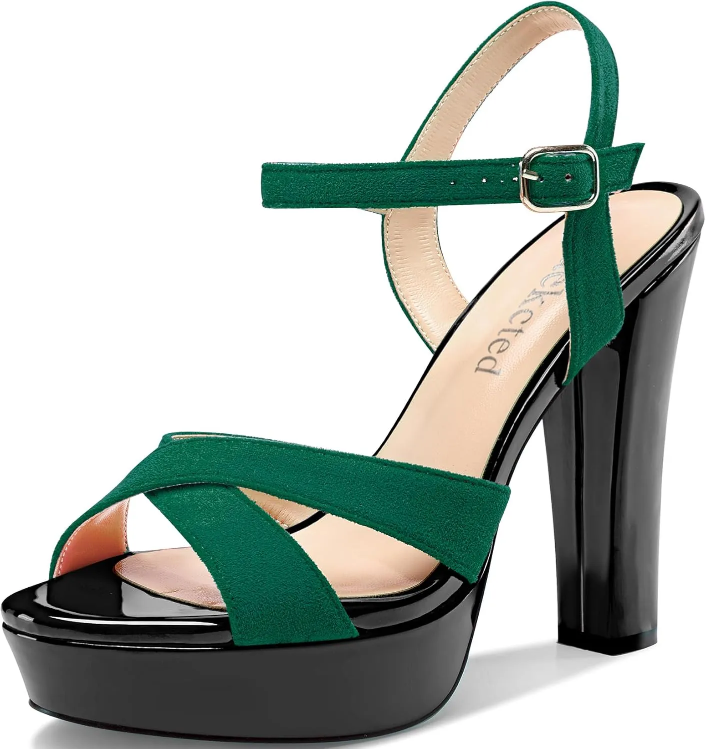 Saekcted Womens Chunky Block High Heel Open Toe Platform Ankle Strap Sandals Cross-Strap Patchwork Dress Shoes Casual Summer 5.1 Inches Heels