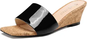 Saekcted Womens Mid Wedge Heel Square Open Toe Sandals Slip-on Dress Shoes Casual Party Wedding Summer 2.0 Inches Heels