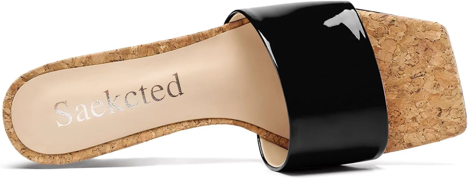 Saekcted Womens Mid Wedge Heel Square Open Toe Sandals Slip-on Dress Shoes Casual Party Wedding Summer 2.0 Inches Heels