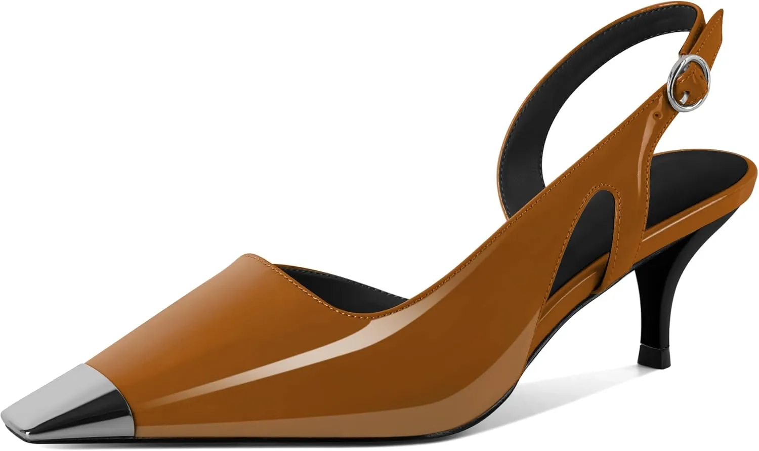 SAMMITOP Kitten Heel Slingback Pumps for Women Silver Cap Toe Low Heel Square Toe Heels Ankle Strap D’Orsay Pump Shoes Office Party Prom 2.4 in