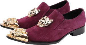 Santimon Mens Loafers Pointed Toe Leather Fashion Buckle Rhinestone Metal Tip Western Dress Shoes