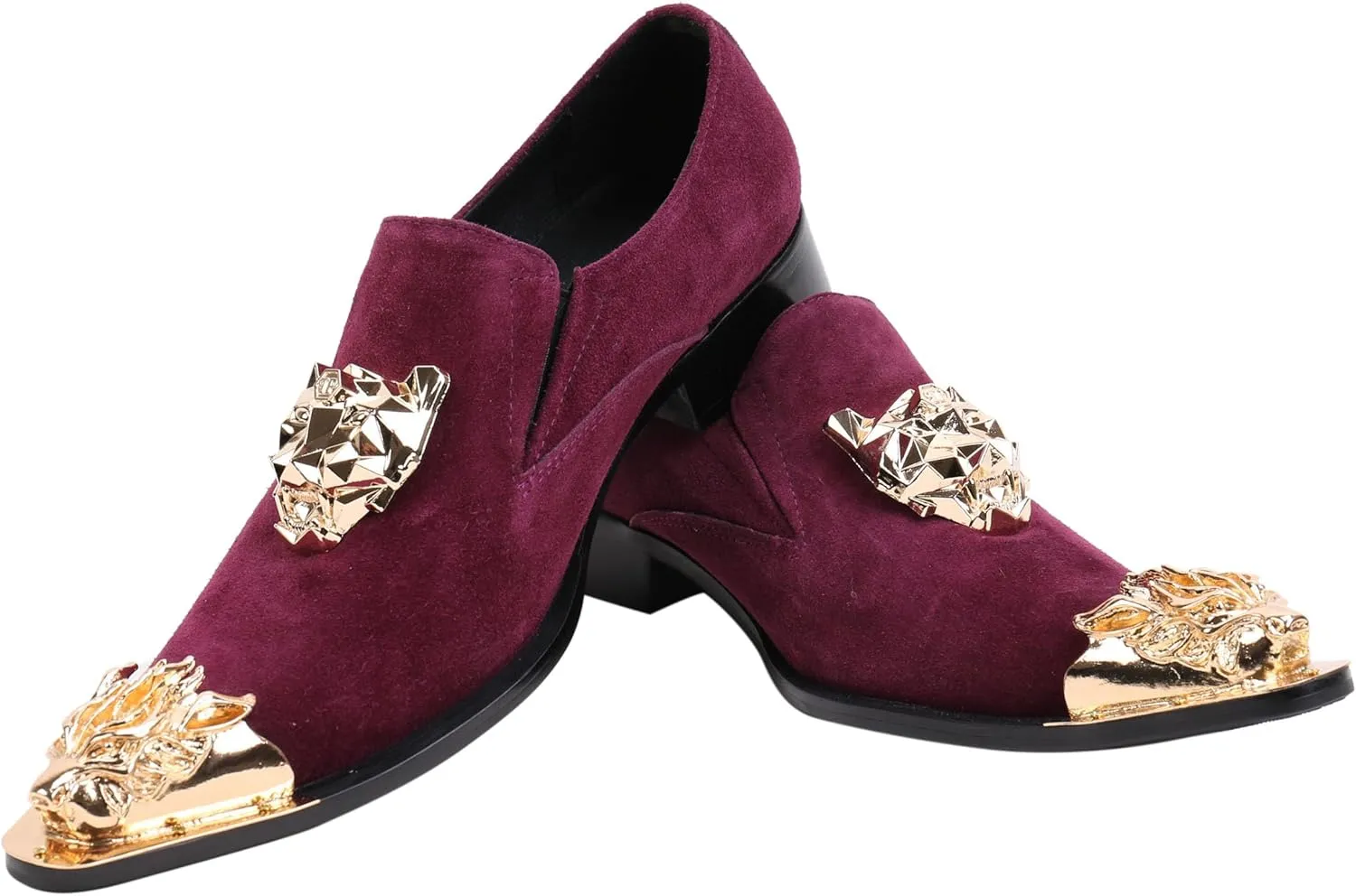 Santimon Mens Loafers Pointed Toe Leather Fashion Buckle Rhinestone Metal Tip Western Dress Shoes