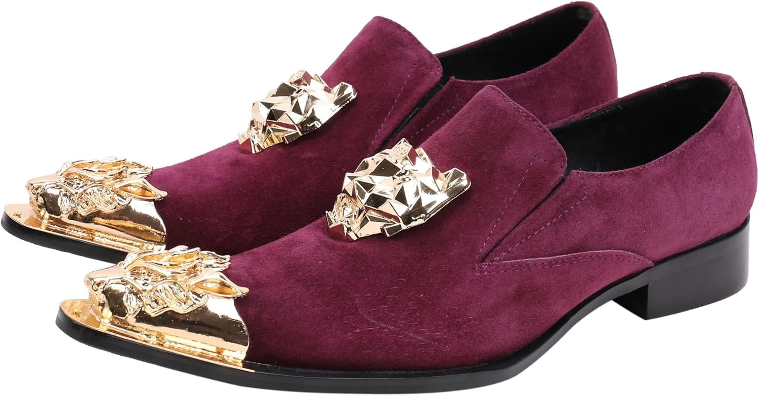Santimon Mens Loafers Pointed Toe Leather Fashion Buckle Rhinestone Metal Tip Western Dress Shoes