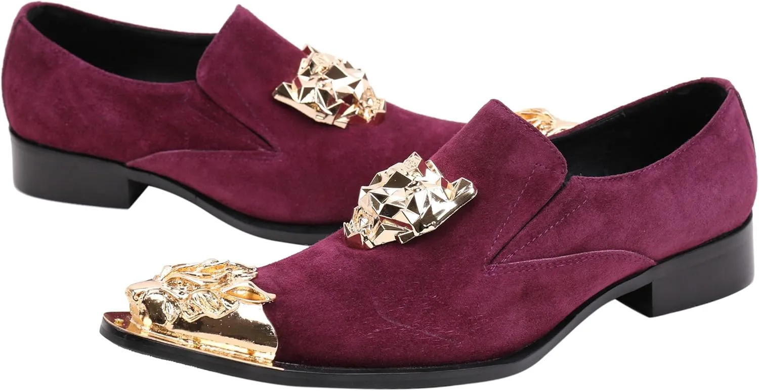 Santimon Mens Loafers Pointed Toe Leather Fashion Buckle Rhinestone Metal Tip Western Dress Shoes