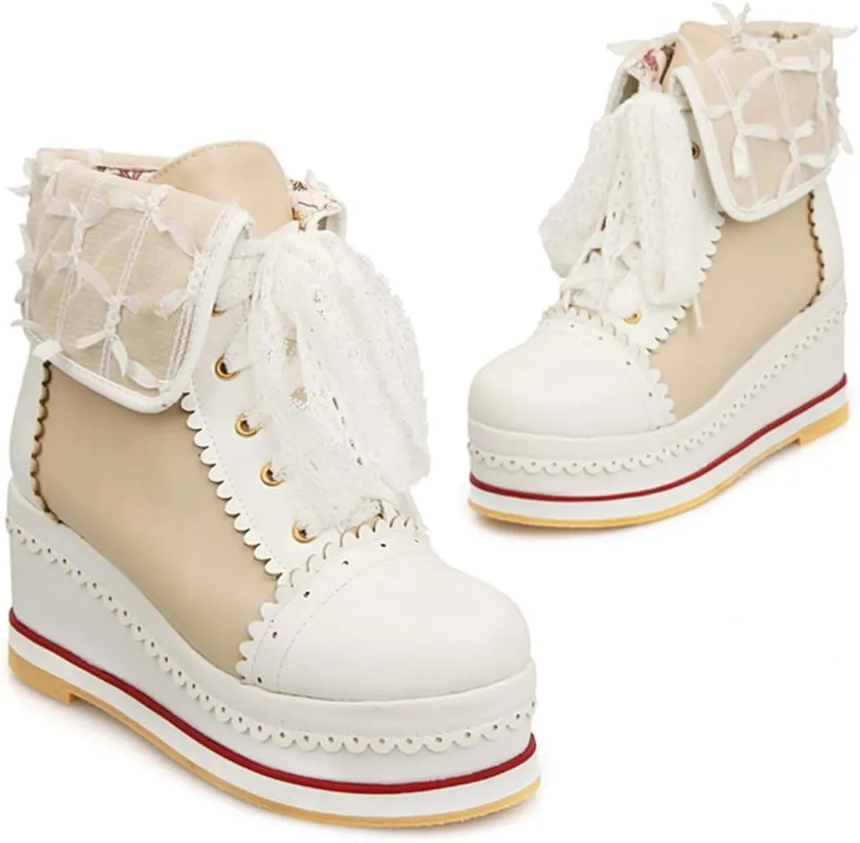 SaraIris Women's Cute Platform Boots, Lace-up Cosplay Brogue Sneakers Wedges Ankle Boots