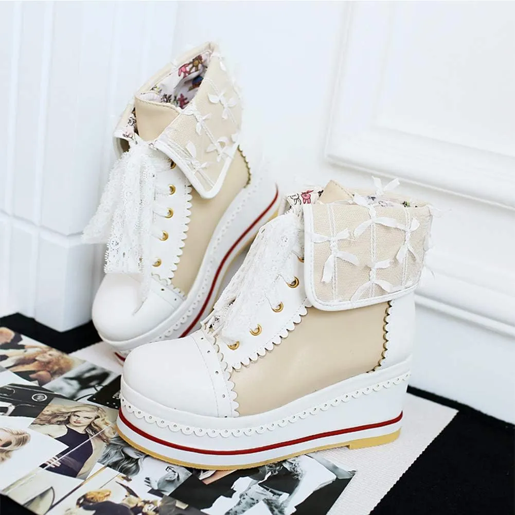 SaraIris Women's Cute Platform Boots, Lace-up Cosplay Brogue Sneakers Wedges Ankle Boots