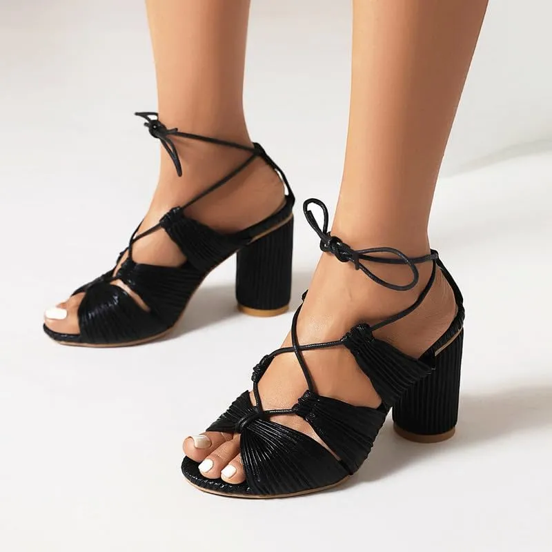 SEIFIN Women's Chunky Strappy Sandals Lace Up Open Toe Ankle Wrap Block High Heels for Women Tie Up Gladiator Sexy Heels for Prom Party Shoes