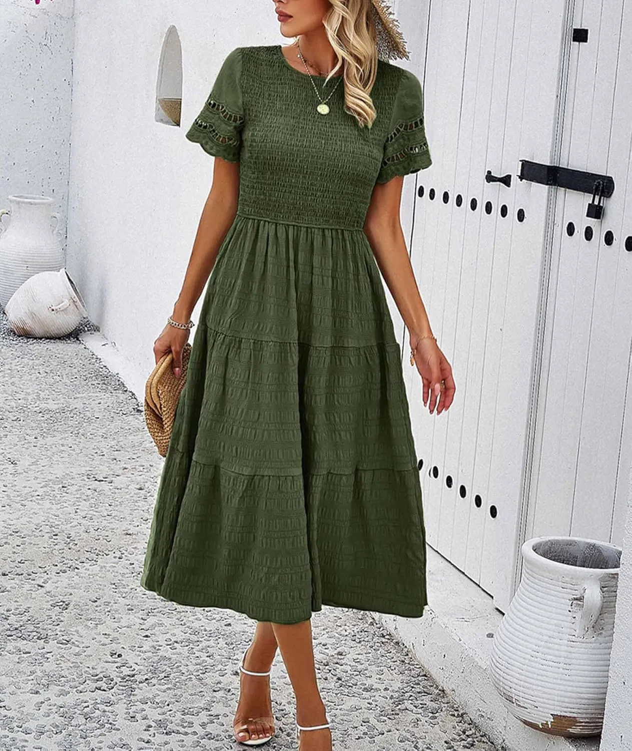 SEMATOMALA Women's Smocked Short Sleeve Maxi Dress Modest Crewneck Flowy Tiered Wedding Guest Long Dress