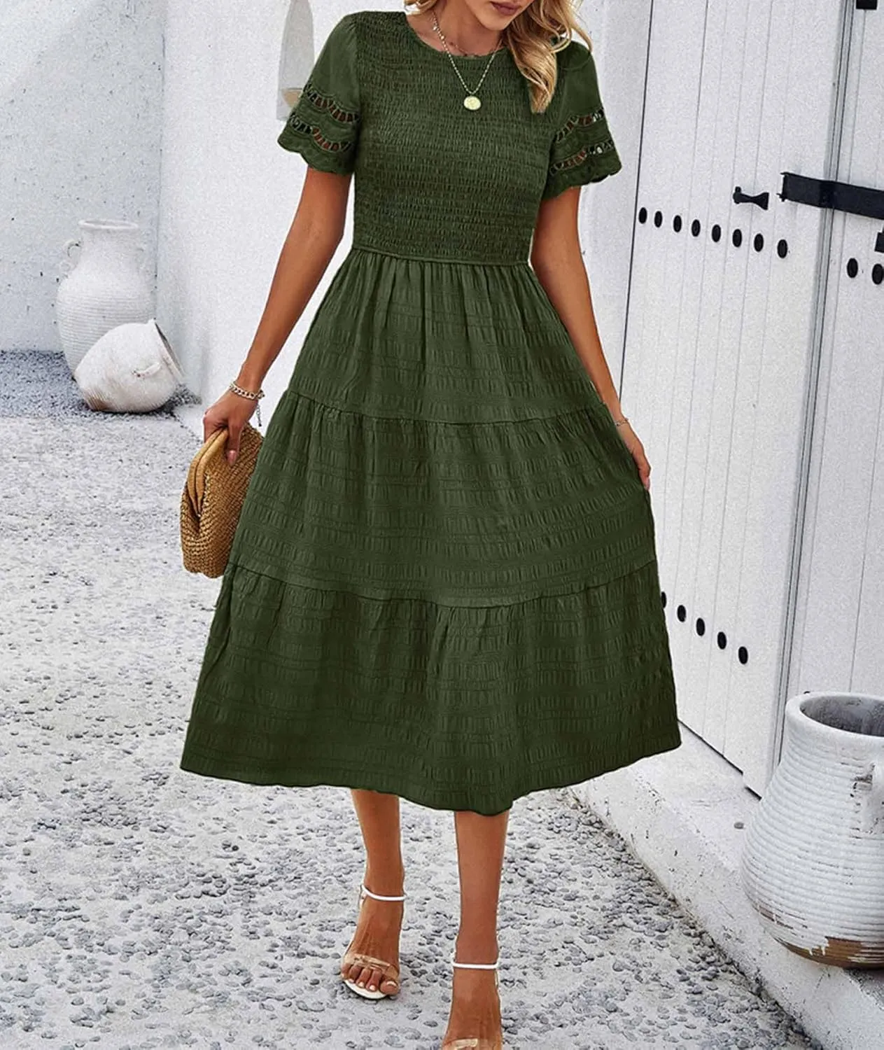 SEMATOMALA Women's Smocked Short Sleeve Maxi Dress Modest Crewneck Flowy Tiered Wedding Guest Long Dress