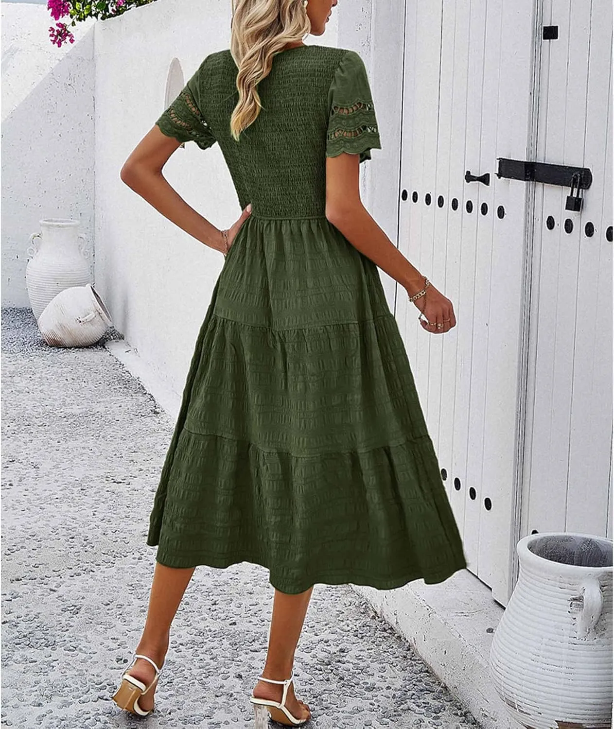 SEMATOMALA Women's Smocked Short Sleeve Maxi Dress Modest Crewneck Flowy Tiered Wedding Guest Long Dress