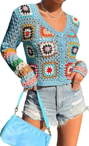 SHENHE Women's Floral Crochet Cardigan Hollow Out V Neck Button Down Long Sleeve Cropped Sweater