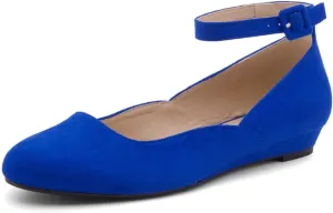 Shoe Land SL-August Womens Flats – Round Toe Ballet Flat Shoes | Low Wedge & Ankle Strap | Dressy & Comfortable Slip-On Flats for Work, Office, Party