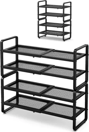 Shoe Rack - Expandable Shoe Organizer for Closet, Adjustable Metal Shoe Shelf Storage, 4 Tier Stackable Long Shoe Stand Holder for Garage, Entryway, Door Entrance, Black