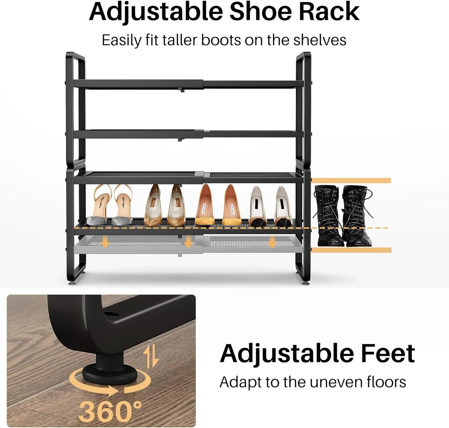 Shoe Rack - Expandable Shoe Organizer for Closet, Adjustable Metal Shoe Shelf Storage, 4 Tier Stackable Long Shoe Stand Holder for Garage, Entryway, Door Entrance, Black