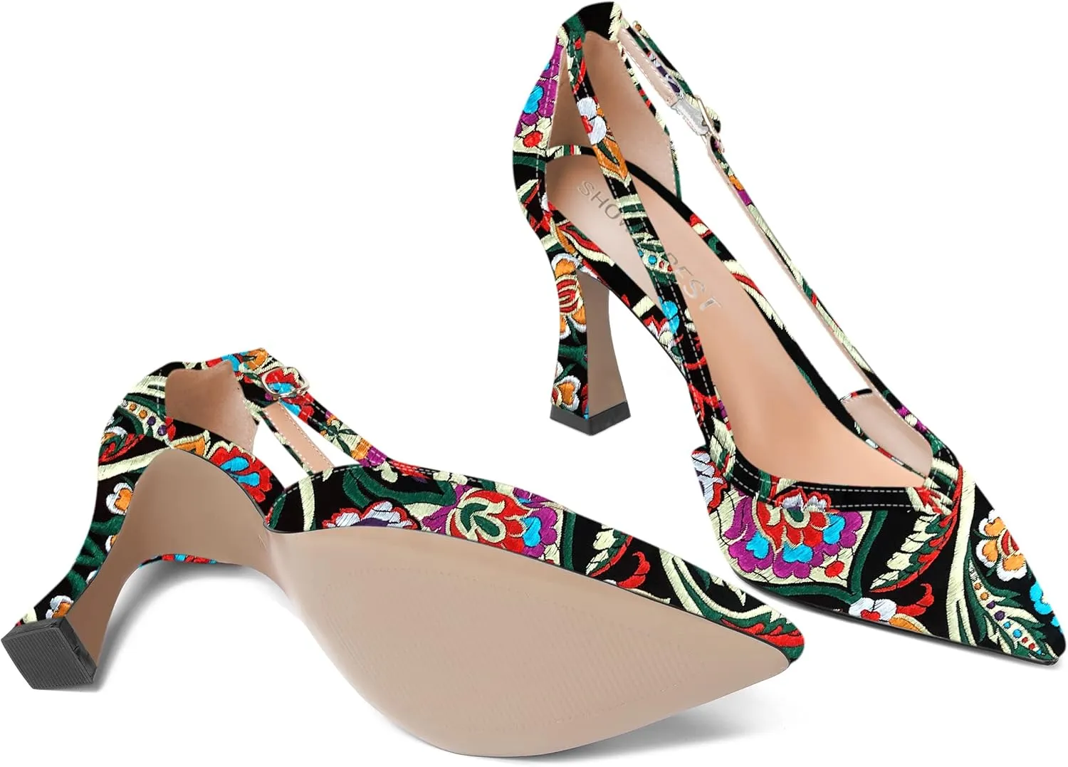 SHOWFOREST Womens Dress Pointed Toe Patent Slip On Adjustable Strap Spool High Heel Pumps Shoes 3.3 Inch