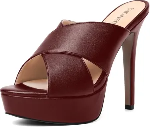 SHOWFOREST Womens Round Toe Fashion Dating Slip On Solid Open Toe Matte Stiletto High Heel Heeled Sandals 5 Inch