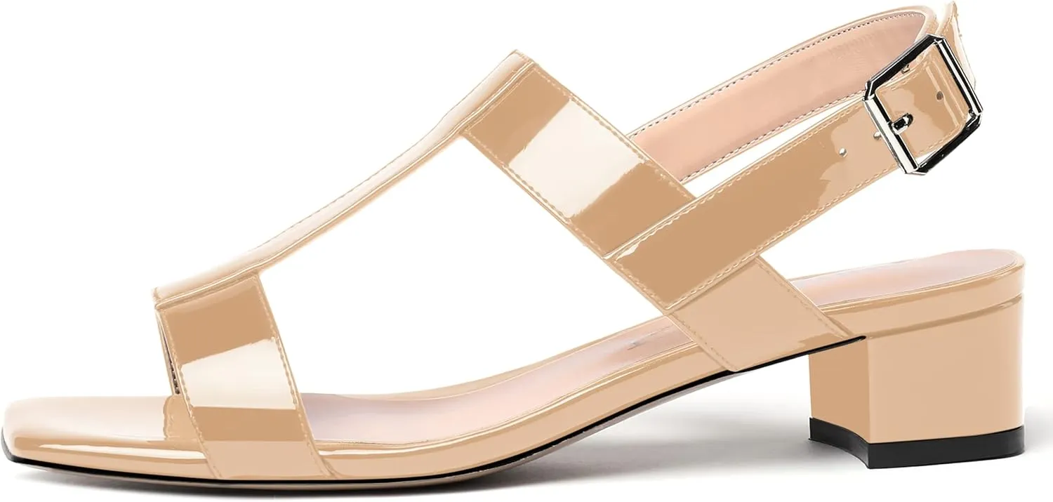 SHOWFOREST Women's Solid Adjustable Strap Patent Outdoor Buckle Square Toe Casual Chunky Low Heel Heeled Sandals 1.5 Inch