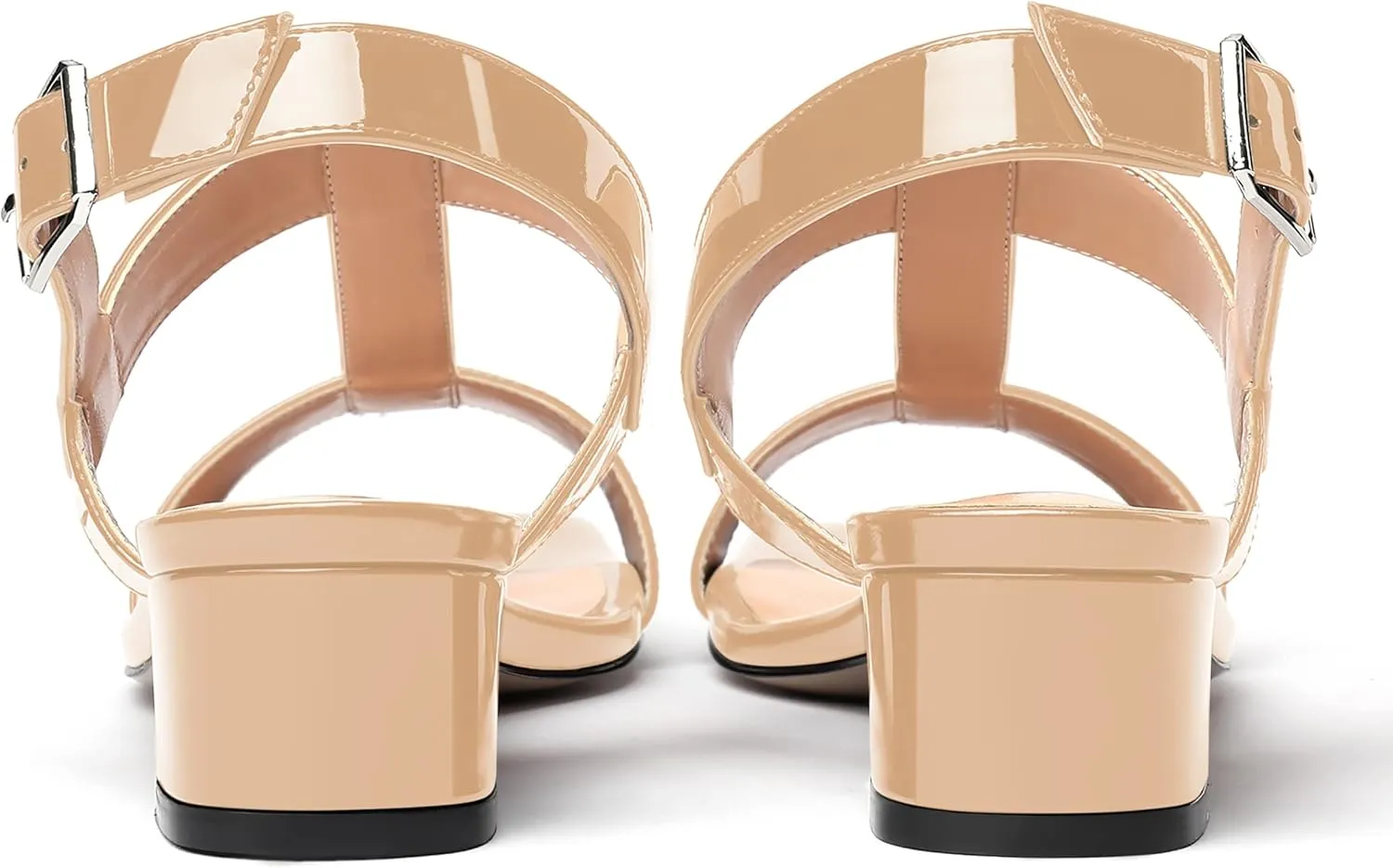 SHOWFOREST Women's Solid Adjustable Strap Patent Outdoor Buckle Square Toe Casual Chunky Low Heel Heeled Sandals 1.5 Inch