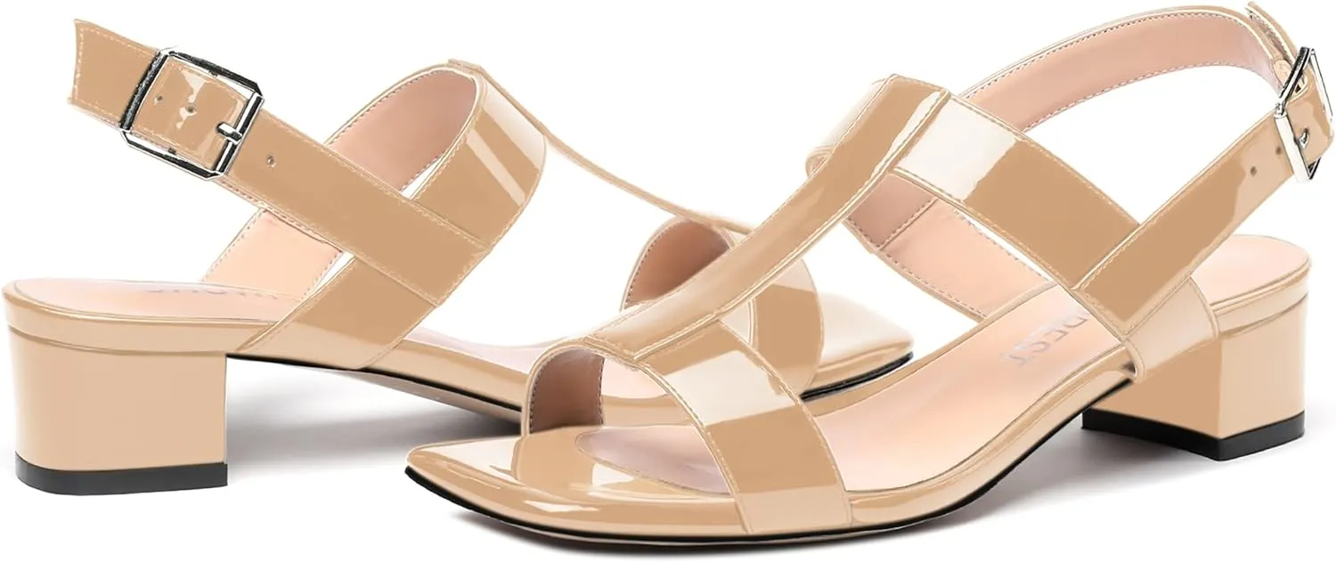SHOWFOREST Women's Solid Adjustable Strap Patent Outdoor Buckle Square Toe Casual Chunky Low Heel Heeled Sandals 1.5 Inch