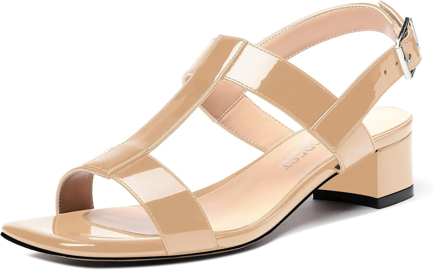 SHOWFOREST Women's Solid Adjustable Strap Patent Outdoor Buckle Square Toe Casual Chunky Low Heel Heeled Sandals 1.5 Inch