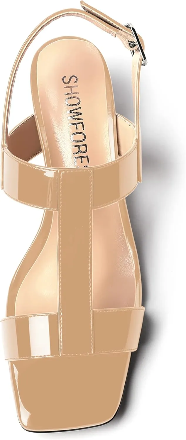 SHOWFOREST Women's Solid Adjustable Strap Patent Outdoor Buckle Square Toe Casual Chunky Low Heel Heeled Sandals 1.5 Inch