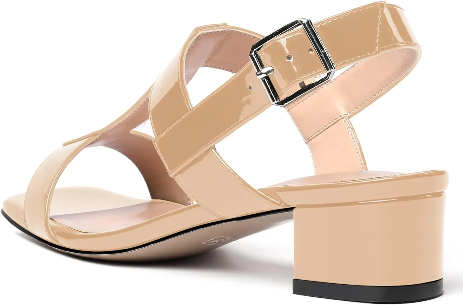 SHOWFOREST Women's Solid Adjustable Strap Patent Outdoor Buckle Square Toe Casual Chunky Low Heel Heeled Sandals 1.5 Inch