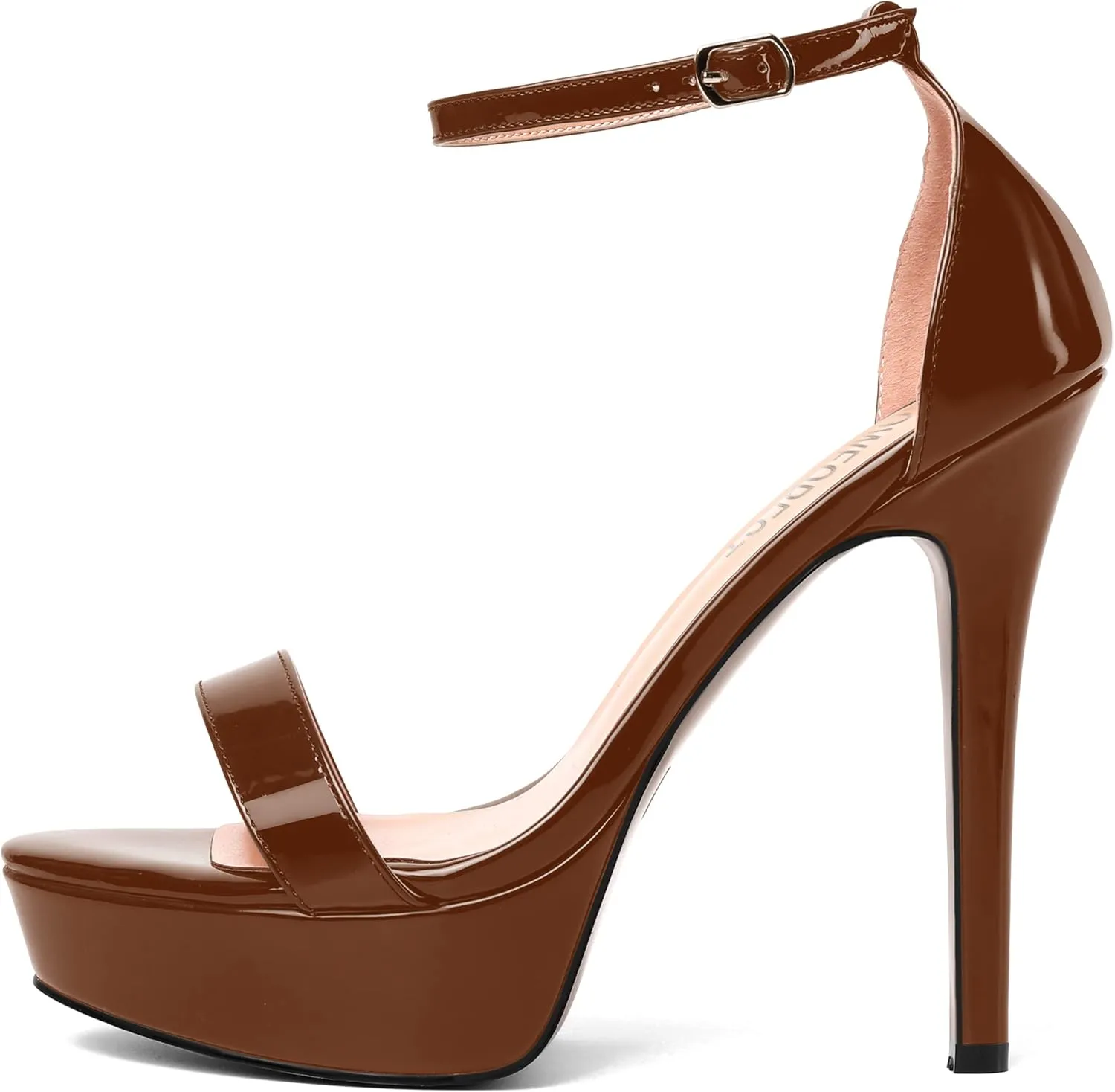 SHOWFOREST Womens Solid Buckle Platform Sexy Ankle Strap Night Club Patent Open Toe Stiletto High Heel Pumps Shoes 5 Inch