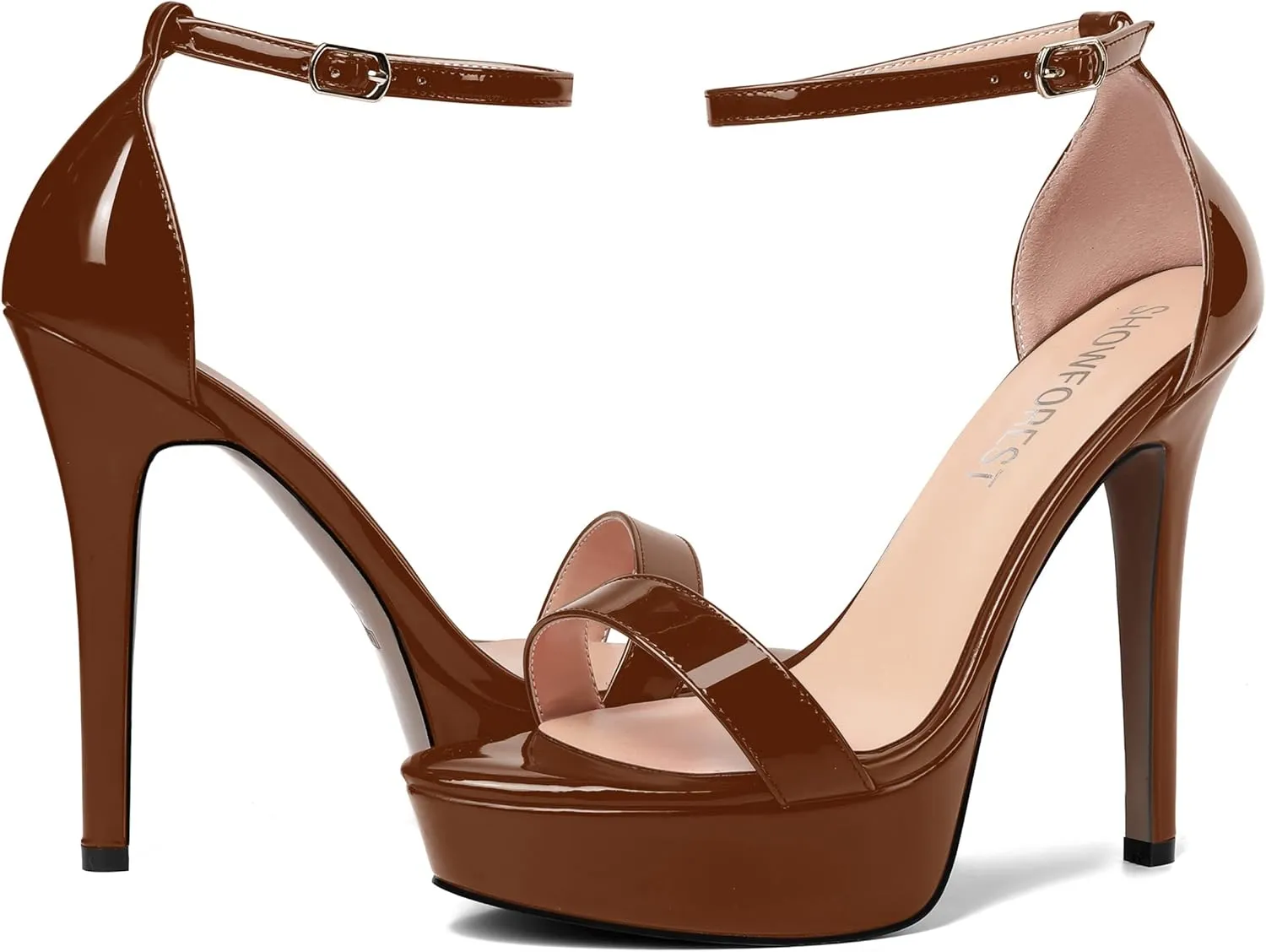 SHOWFOREST Womens Solid Buckle Platform Sexy Ankle Strap Night Club Patent Open Toe Stiletto High Heel Pumps Shoes 5 Inch