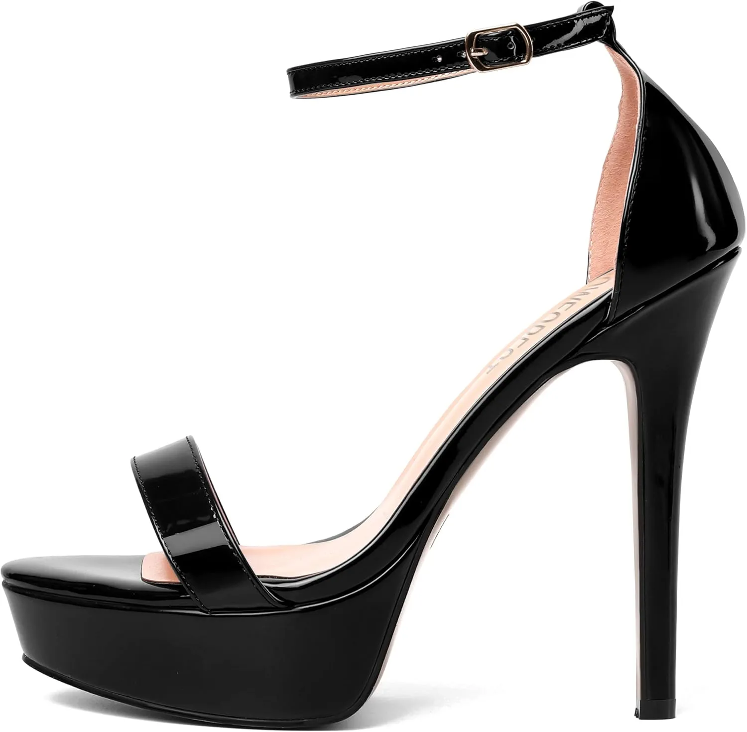 SHOWFOREST Womens Solid Buckle Platform Sexy Ankle Strap Night Club Patent Open Toe Stiletto High Heel Pumps Shoes 5 Inch