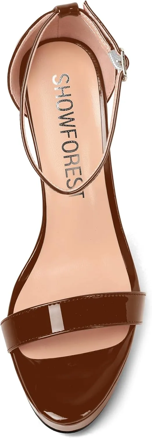SHOWFOREST Womens Solid Buckle Platform Sexy Ankle Strap Night Club Patent Open Toe Stiletto High Heel Pumps Shoes 5 Inch