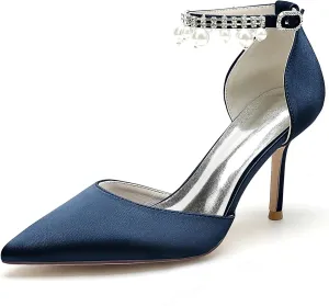 Silk Pearl Wedding Shoes Bride Pointed Toe Ankle Buckle Strap Bridesmaid High Heels Women Bridal Party Pumps 8.5Cm