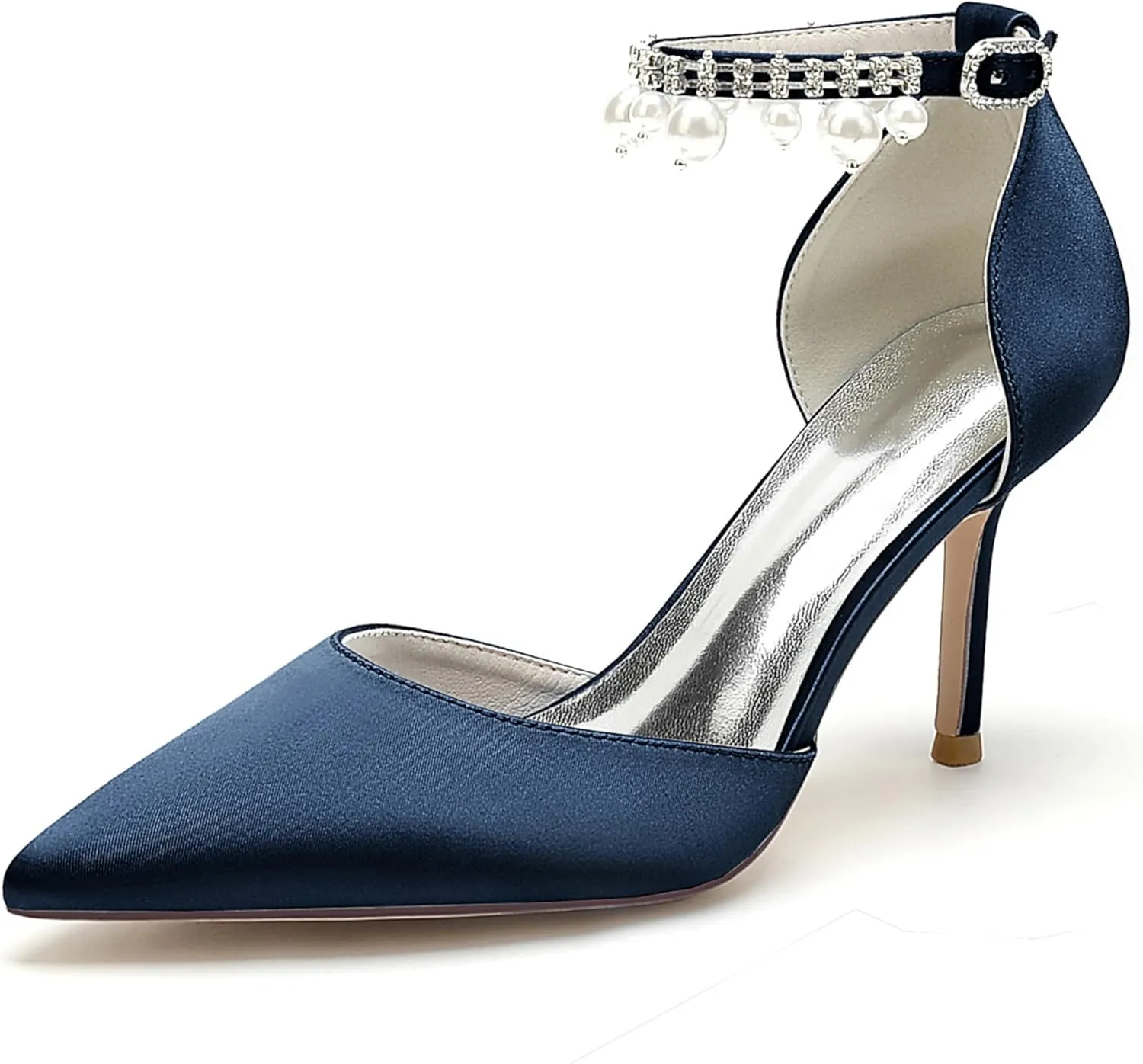 Silk Pearl Wedding Shoes Bride Pointed Toe Ankle Buckle Strap Bridesmaid High Heels Women Bridal Party Pumps 8.5Cm