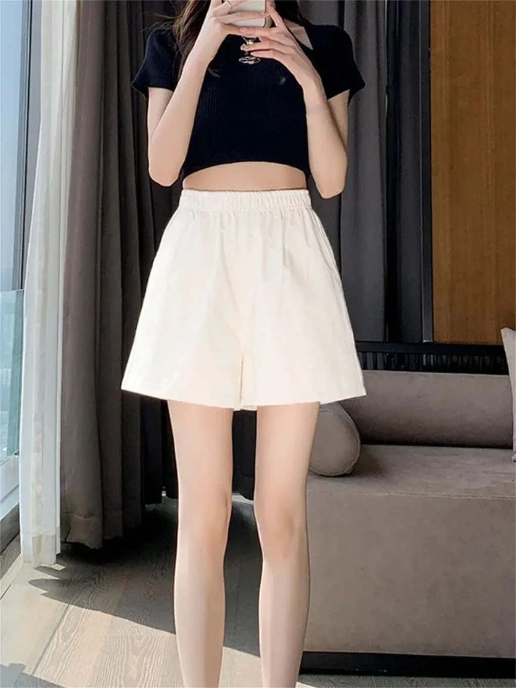 Simple and Comfortable A-Line Casual Cotton Shorts Elastic Waist Loose Solid Color Pants