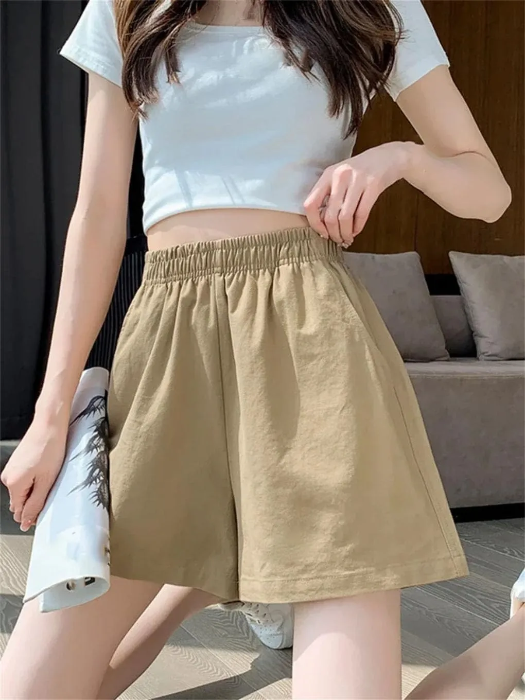 Simple and Comfortable A-Line Casual Cotton Shorts Elastic Waist Loose Solid Color Pants