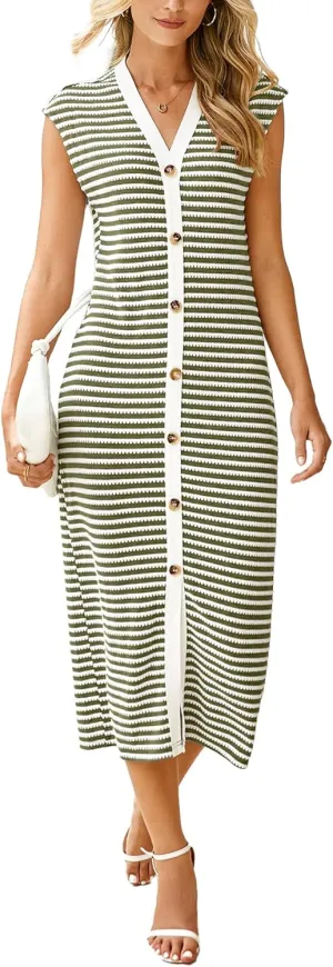 Simplee Women Button Striped Summer Dress Knit Casual Cap Sleeve V-Neck Midi Comfy Travel Dresses 2025 Trendy