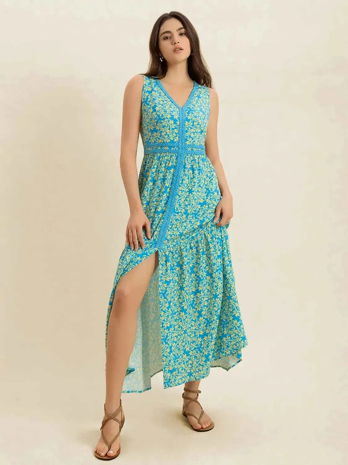 Slit V-Neck Sleeveless Dress with Stylish Print
