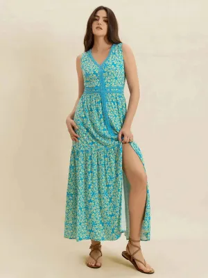 Slit V-Neck Sleeveless Dress with Stylish Print