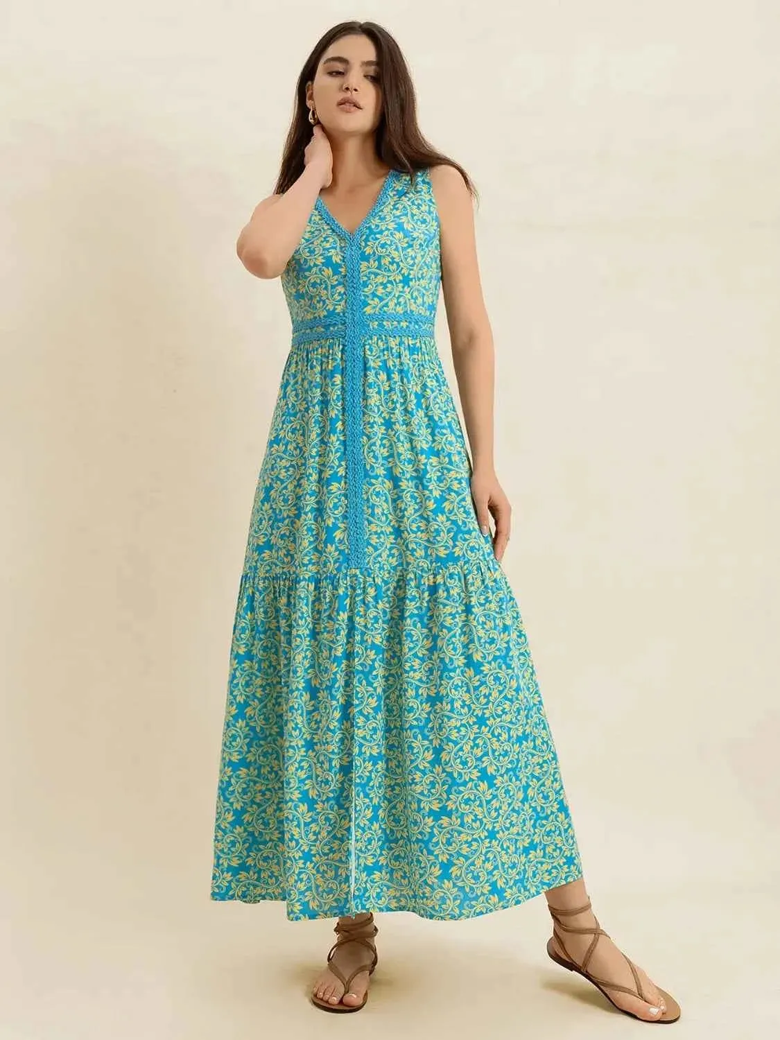 Slit V-Neck Sleeveless Dress with Stylish Print