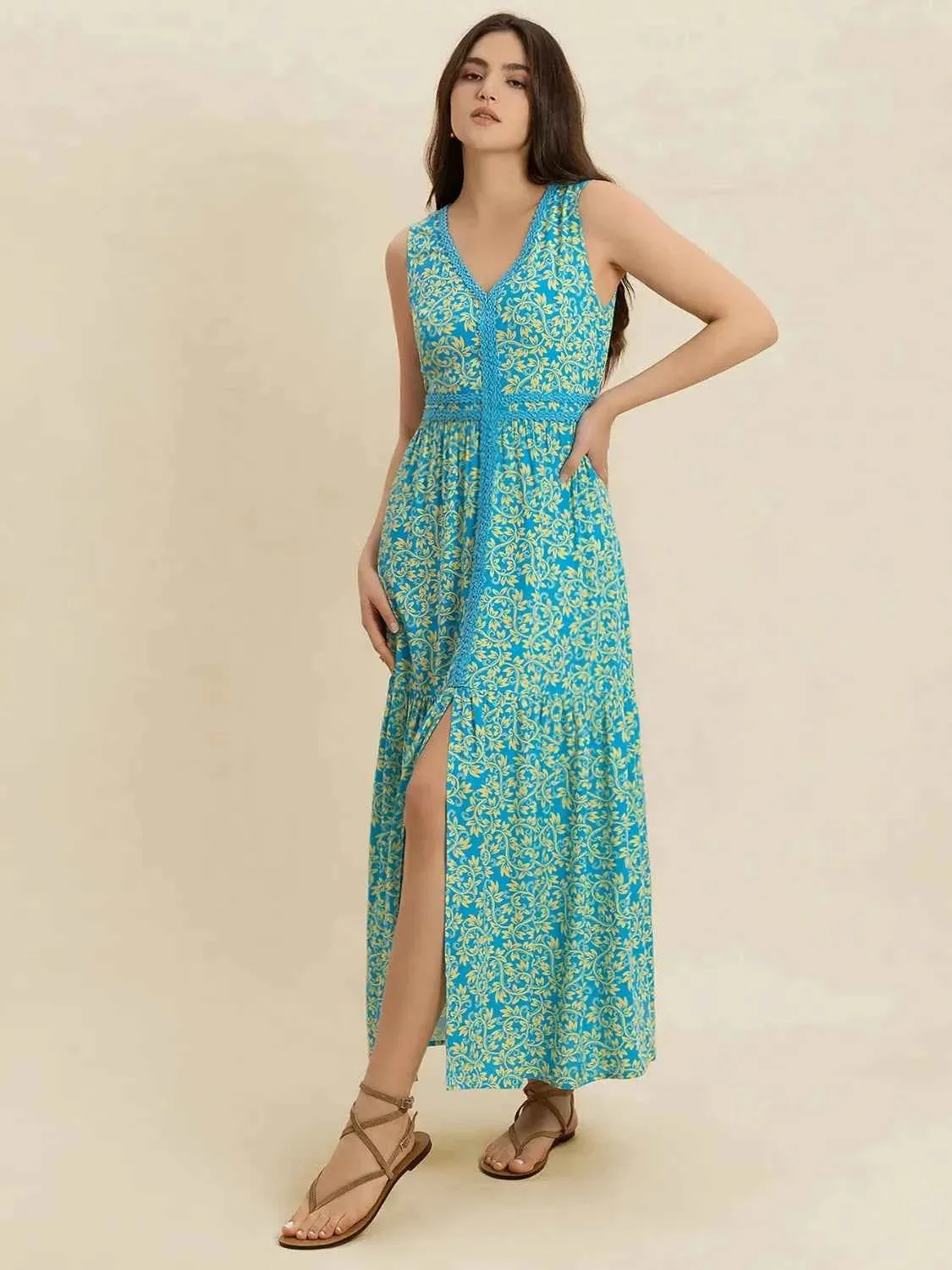 Slit V-Neck Sleeveless Dress with Stylish Print
