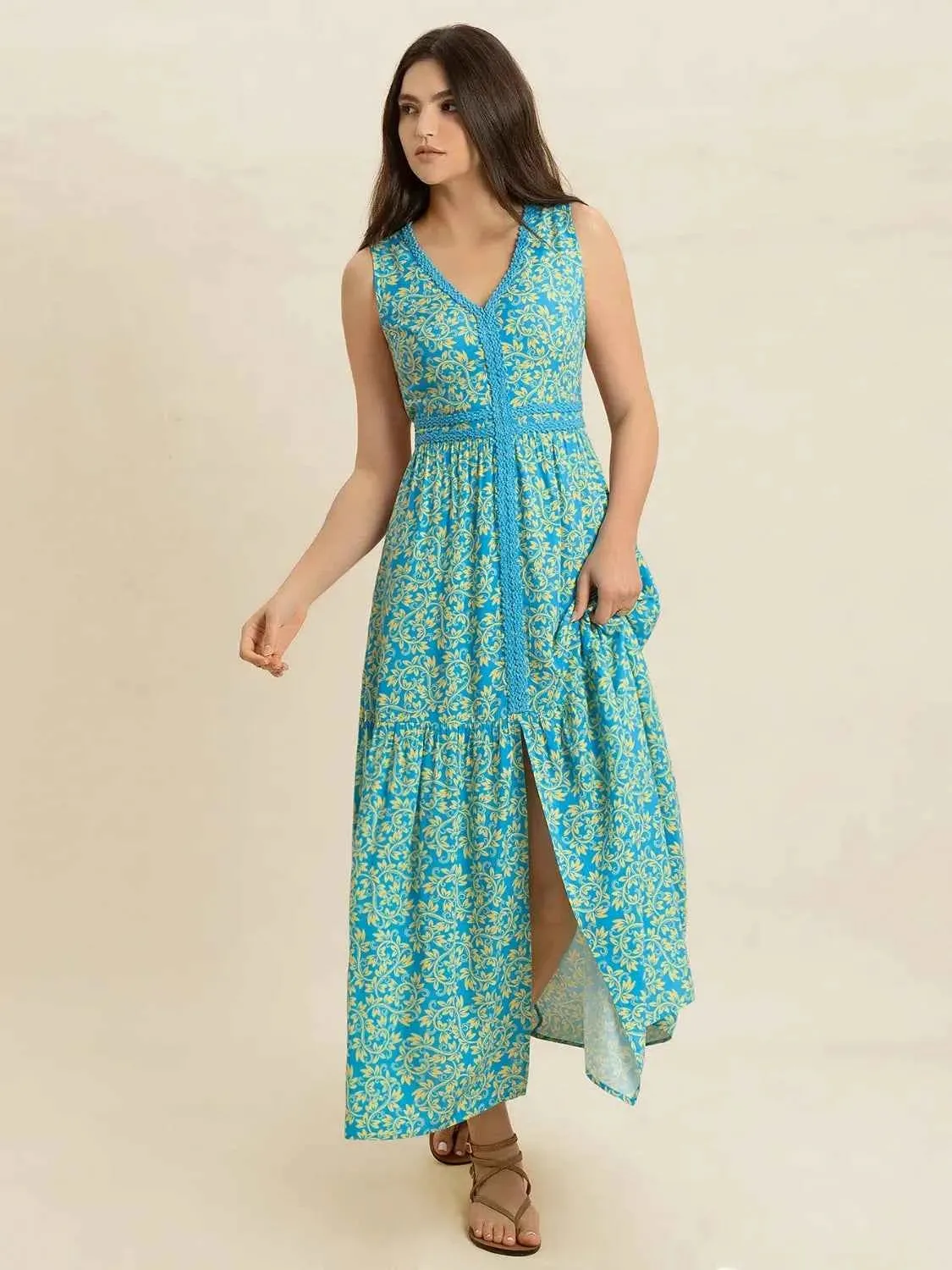 Slit V-Neck Sleeveless Dress with Stylish Print