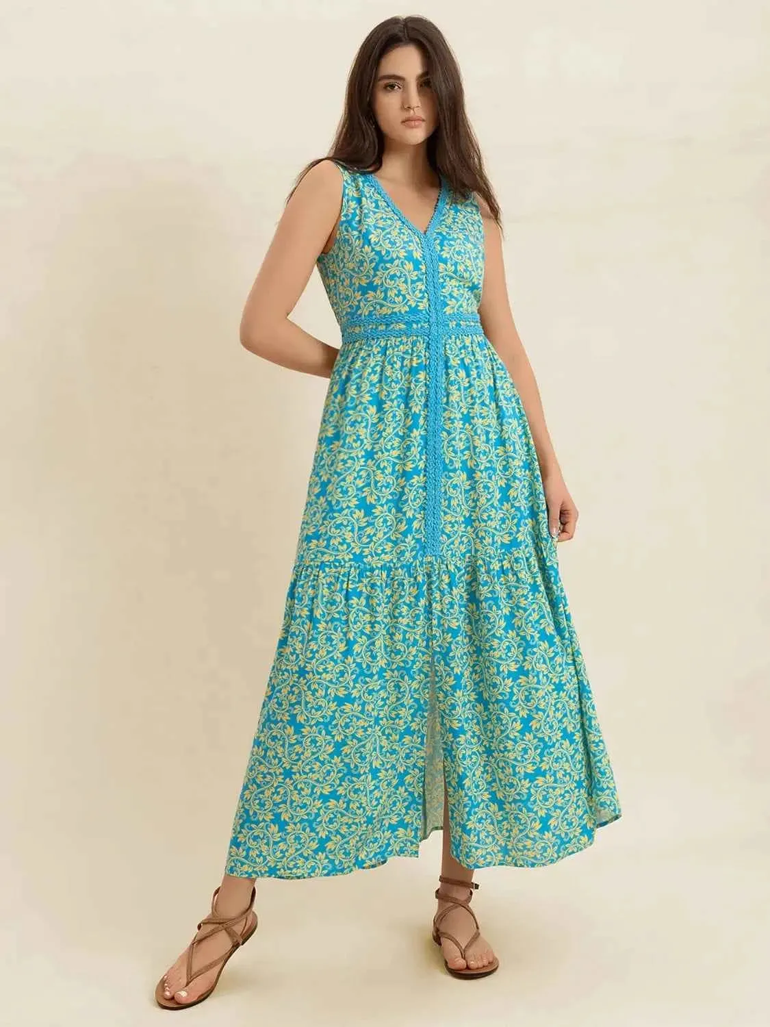 Slit V-Neck Sleeveless Dress with Stylish Print